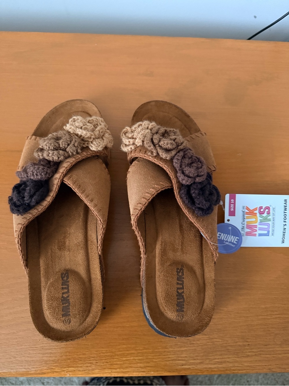 Muk Luks Brown Suede Slide Sandals with Crochet Flower Accents